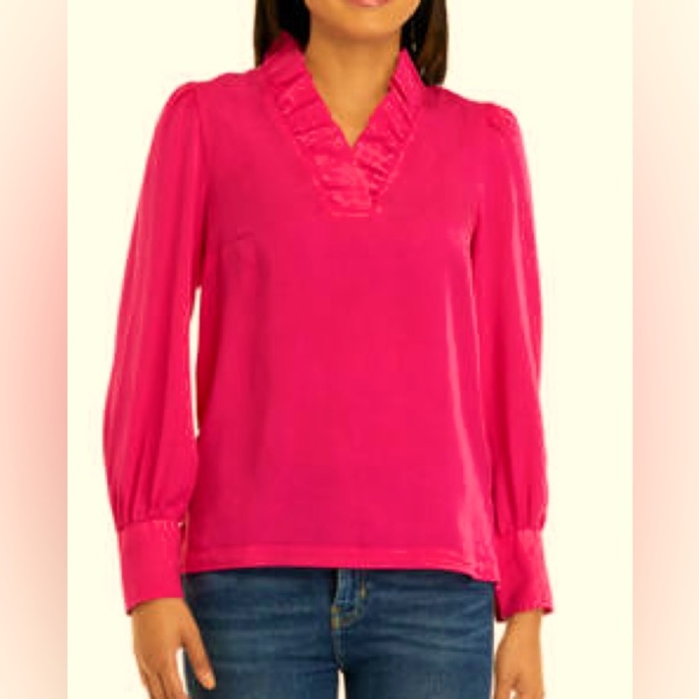 Crown & Ivy Petite Small Hot Pink Long Sleeve Ruffled V-Neck Blouse